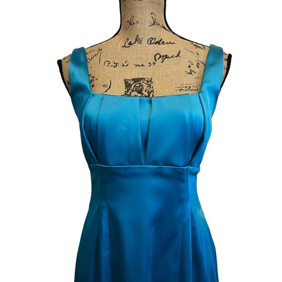 Calvin Klein Teal Satin Square Neck Midi Cocktail Chic Minimalist Party Dress 6 - Picture 3 of 10